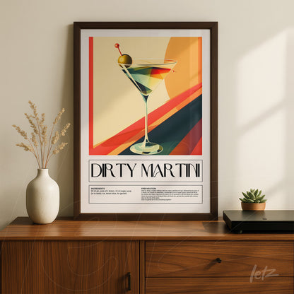 quadro com arte de coquetel dirty martini em moldura escura e fundo colorido