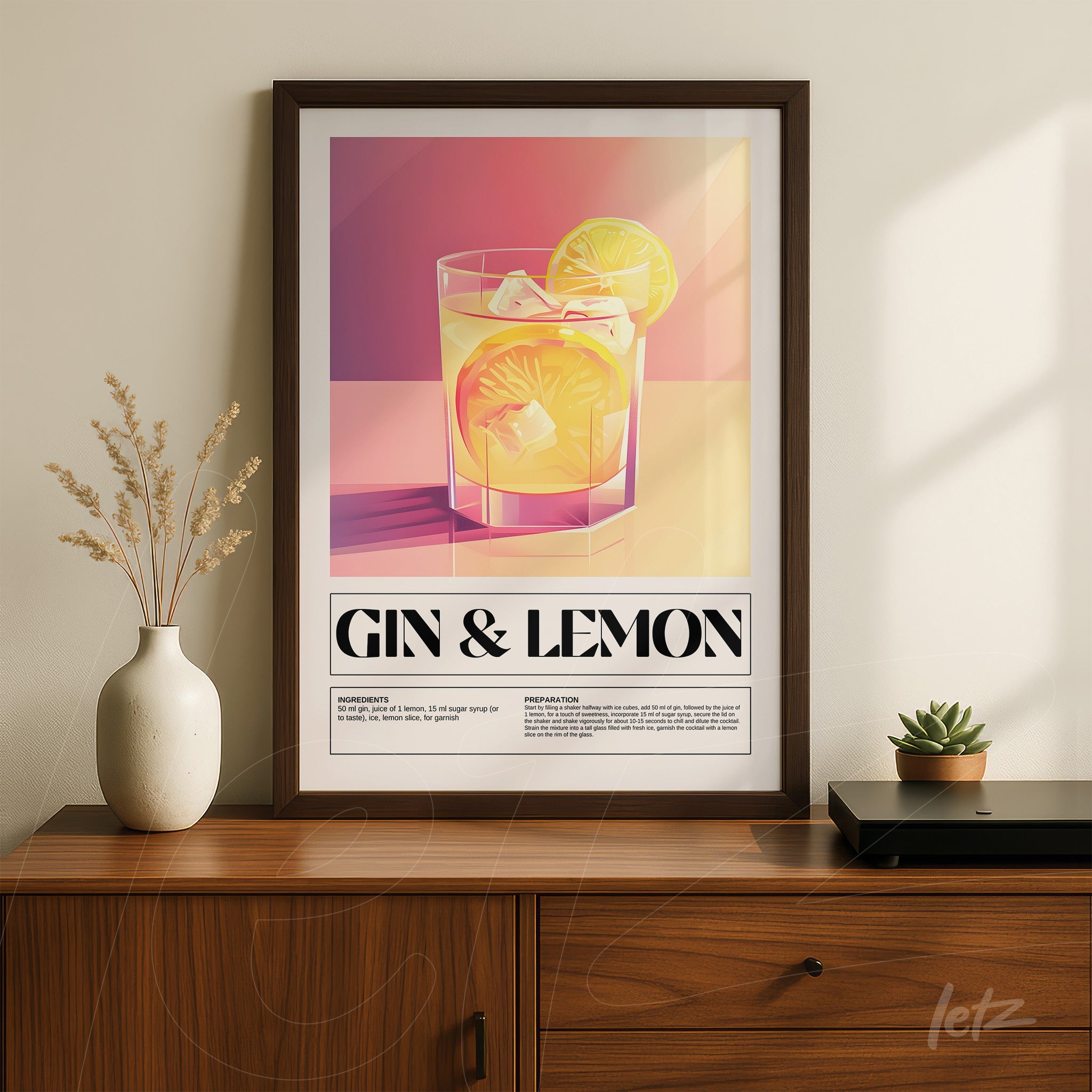 quadro com arte moderna de drink gin com limão em moldura escura
