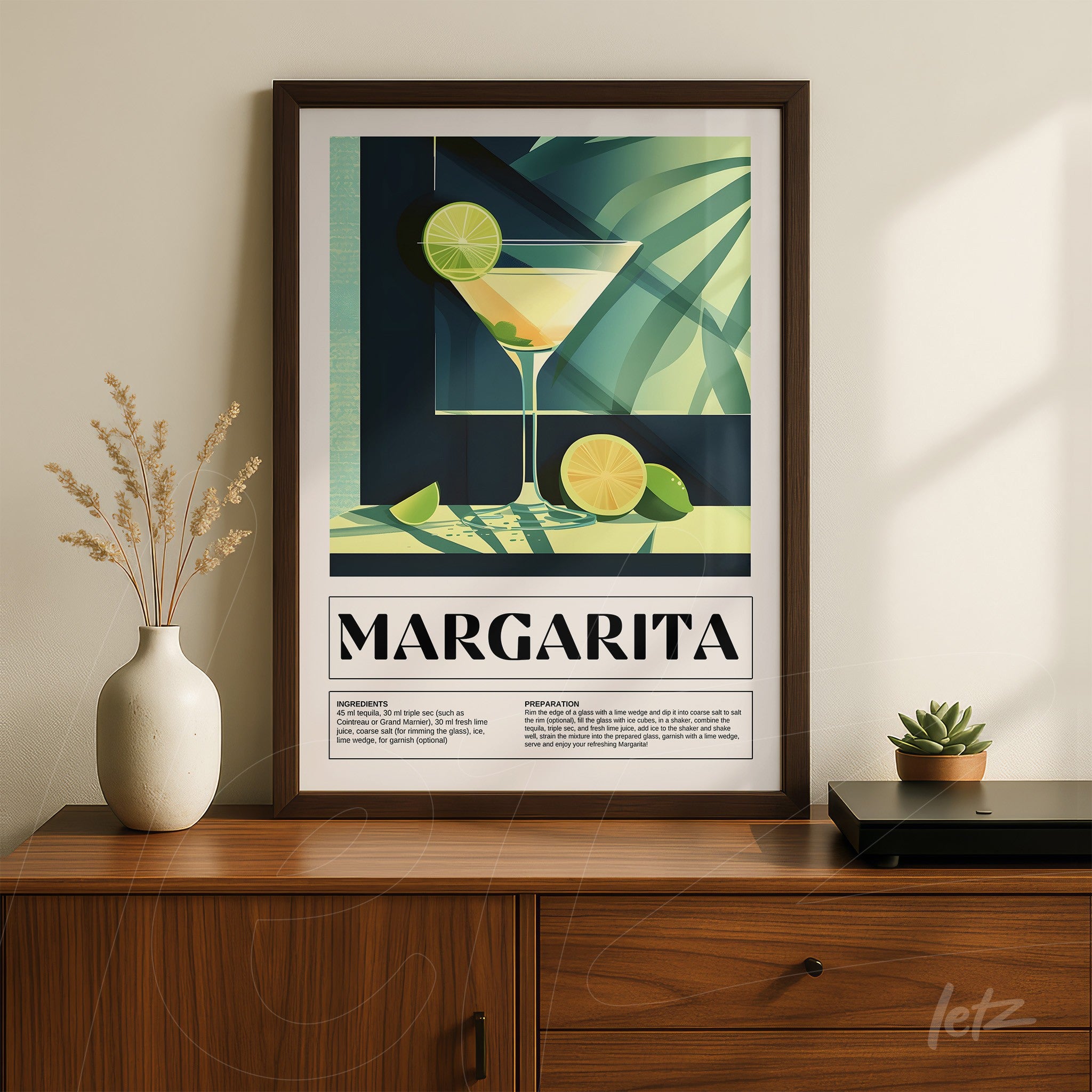 quadro com arte moderna de drink margarita com fundo verde e elementos gráficos em moldura escura