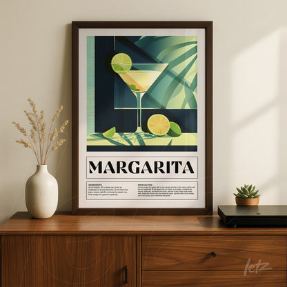 quadro com arte moderna de drink margarita com fundo verde e elementos gráficos em moldura escura