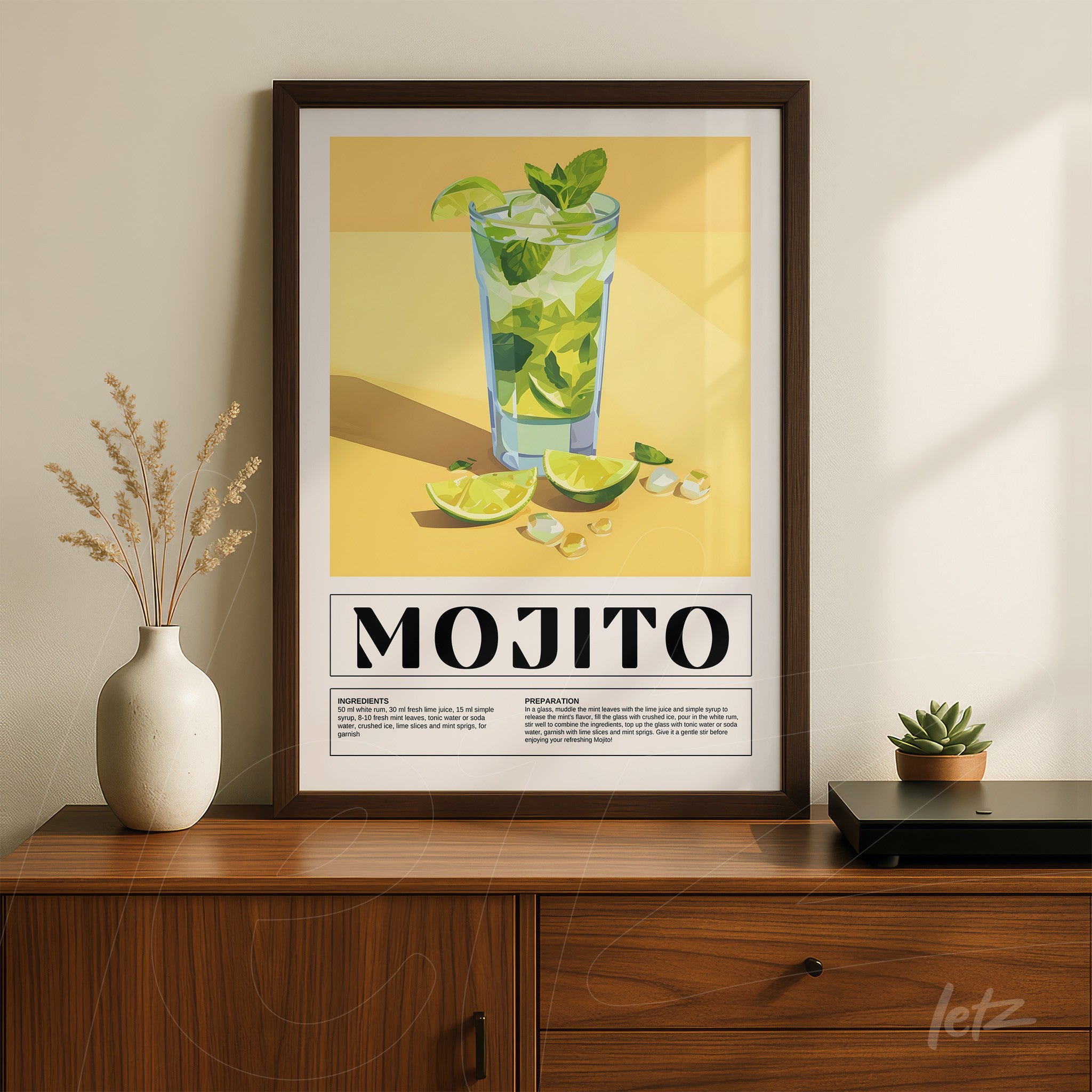 quadro com arte de mojito ilustrado em moldura marrom, com fundo amarelo e limões ao redor do copo