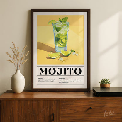 quadro com arte de mojito ilustrado em moldura marrom, com fundo amarelo e limões ao redor do copo