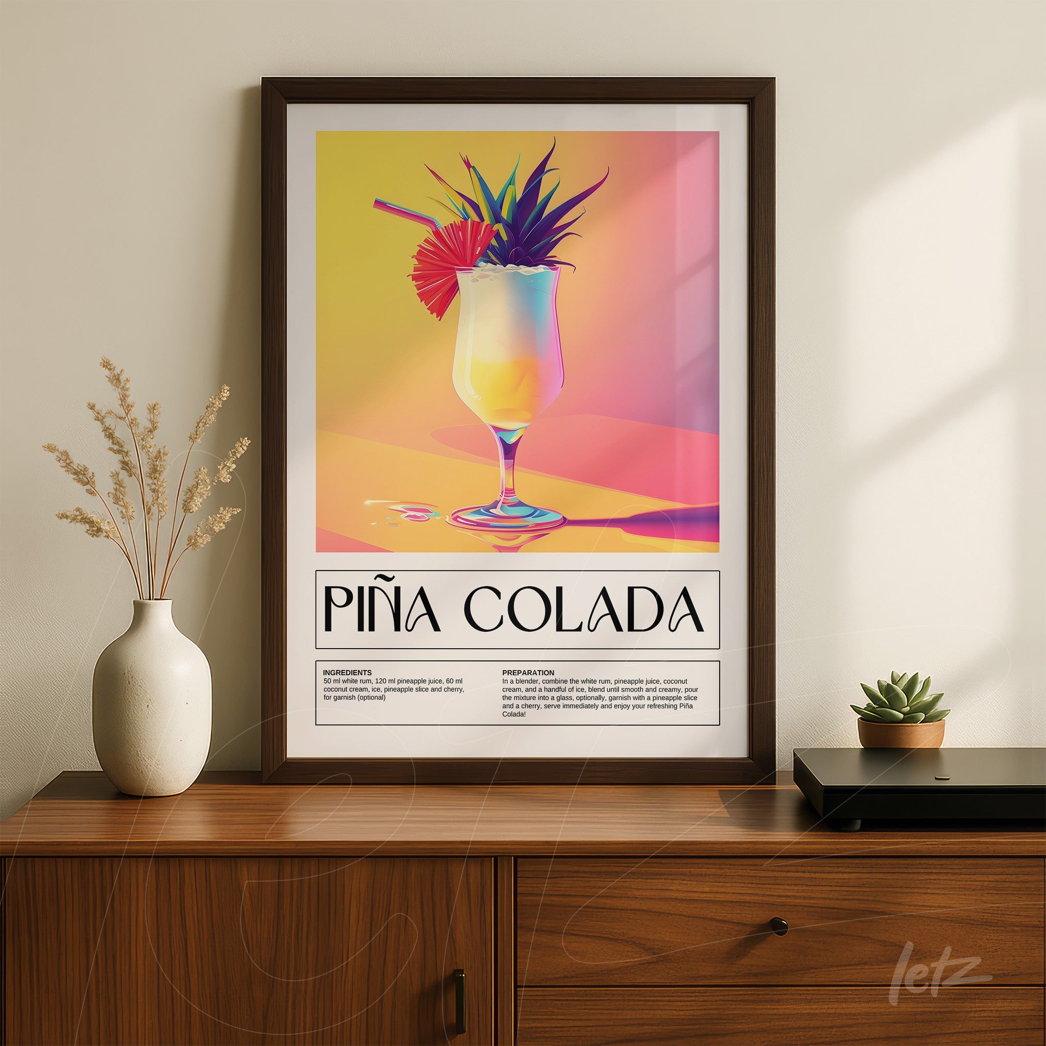 quadro com ilustração vibrante de drink piña colada em moldura escura