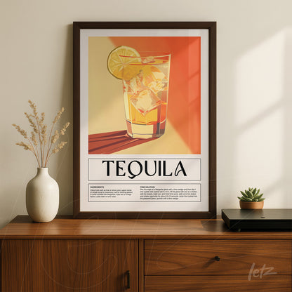 quadro com arte da bebida tequila em moldura escura com fundo texturizado laranja e amarelo
