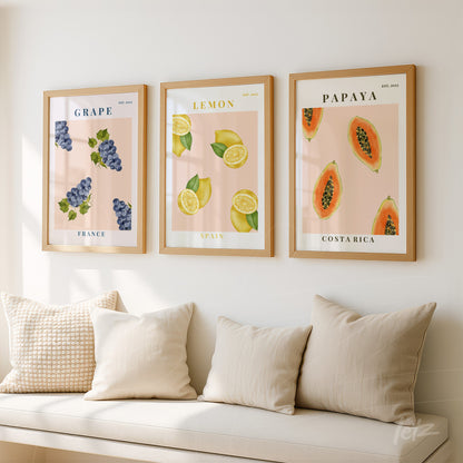 composição de quadros com ilustrações de uvas, limões e papaia em molduras de madeira clara, exibidos em uma parede branca com sofás claros ao fundo
