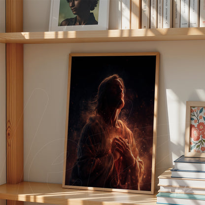 quadro com arte religiosa retratando uma figura masculina em tons quentes e iluminados, com moldura de madeira clara, exibido em uma prateleira de madeira