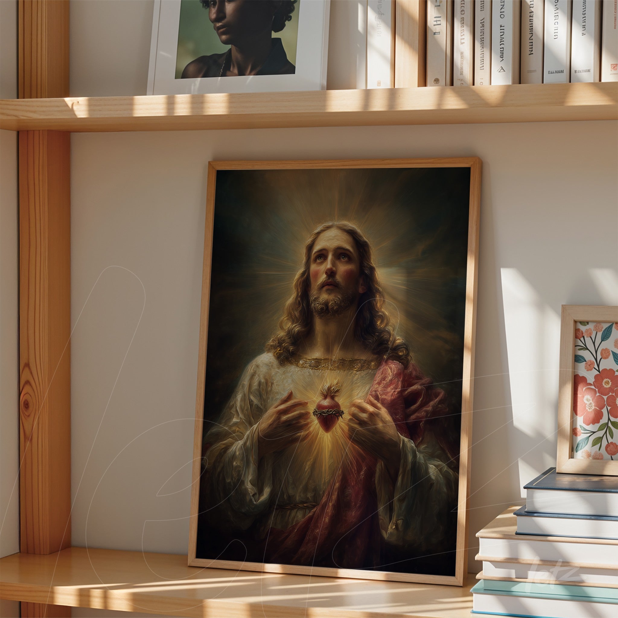 quadro com arte religiosa de Jesus com coração sagrado em moldura de madeira clara