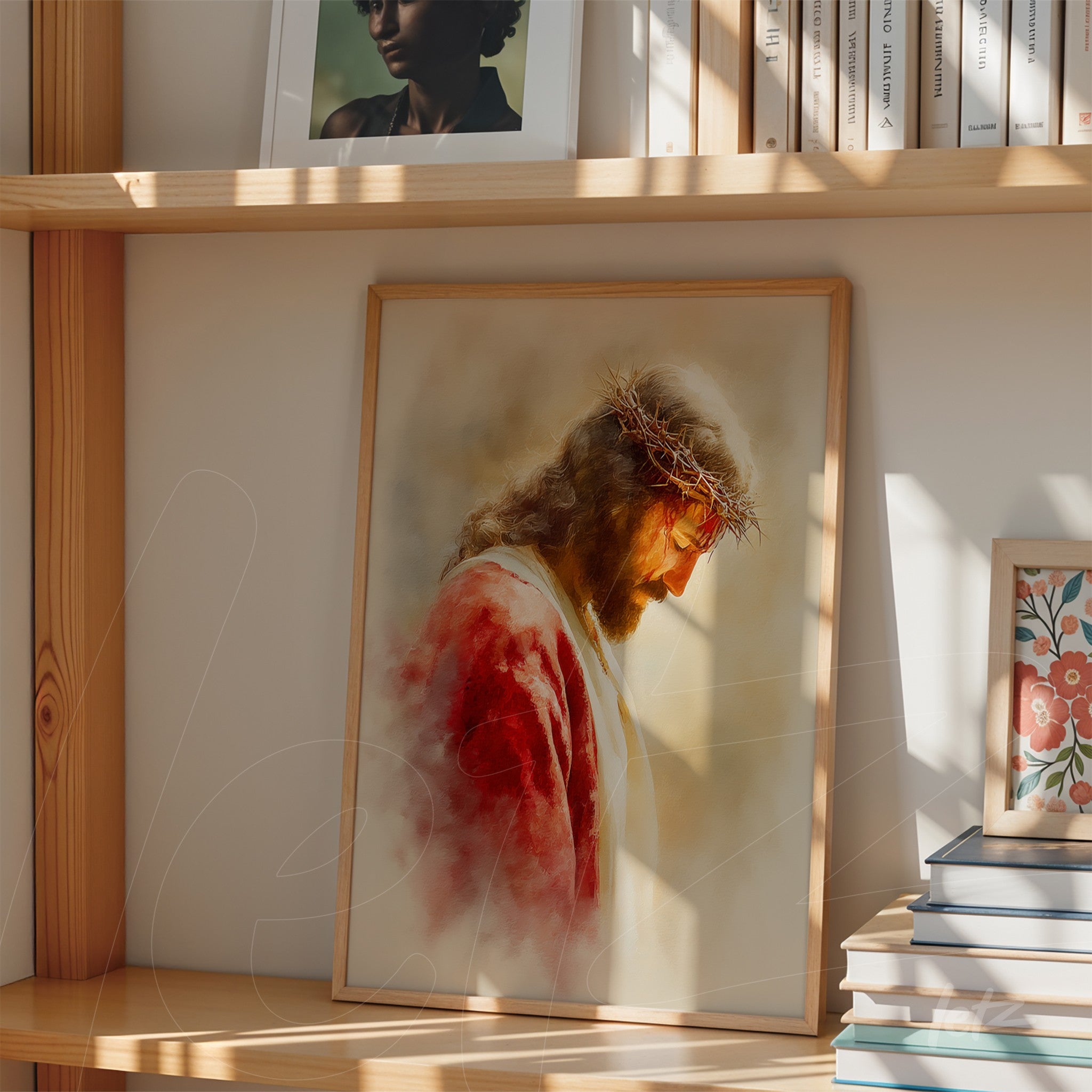 quadro com retrato de Jesus Cristo em atitude contemplativa, com moldura de madeira clara e sombras projetadas sobre a superfície