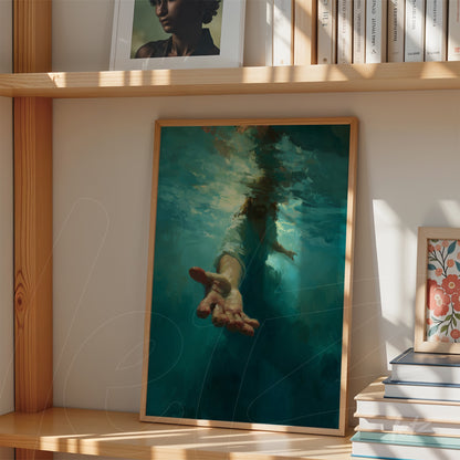 quadro com arte abstrata de uma mão emergindo de águas profundas, moldura de madeira clara sobre prateleira de madeira