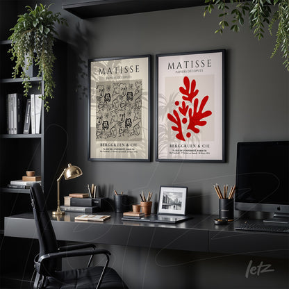 composição de dois quadros em moldura preta com arte de Matisse sobre parede cinza, destacando formas abstratas e traços em preto e vermelho