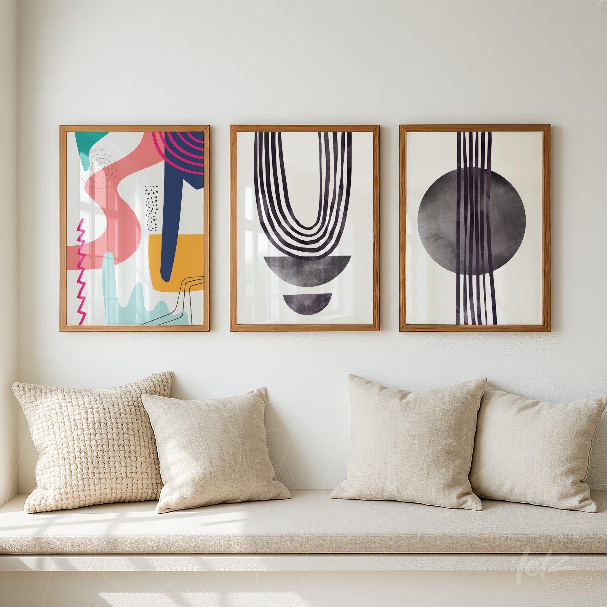 trio de quadros artísticos abstratos em molduras de madeira sobre parede branca, com estilos geométrico e colorido