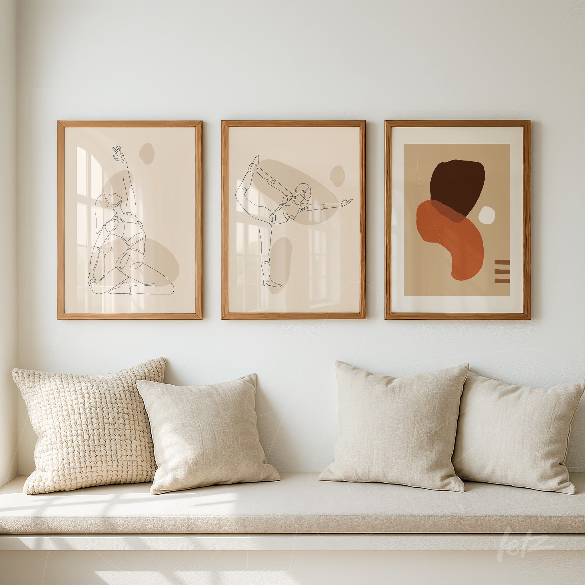 conjunto de três quadros com desenhos minimalistas abstratos em molduras de madeira clara, exibidos acima de um banco com almofadas bege