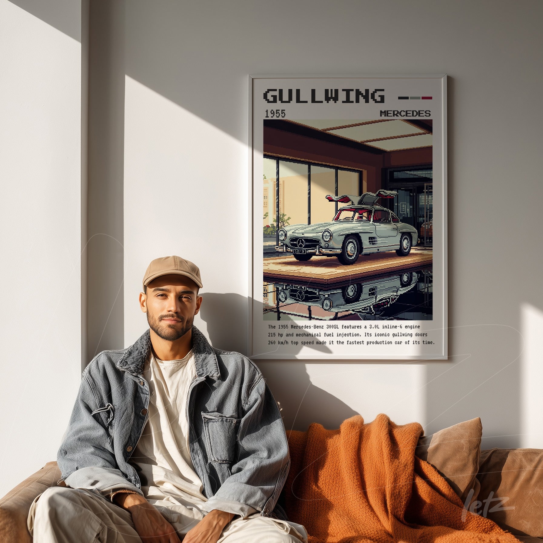 quadro digital com ilustração do carro Mercedes Gullwing 1955 em moldura branca, exibido sobre parede revestida de madeira