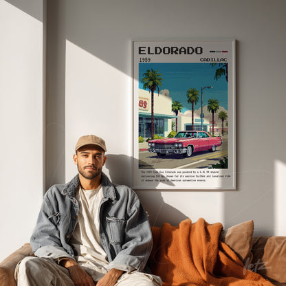 quadro com arte digital do Cadillac Eldorado 1959 em moldura branca, exibido em ambiente moderno com sofá marrom