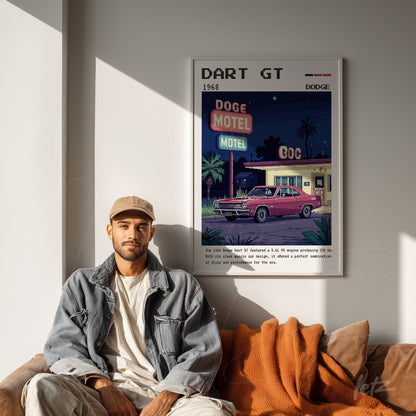 quadro personalizado com ilustração de um carro Dodge Dart GT de 1968 em frente a um motel vintage, moldura branca fina sobre parede neutra