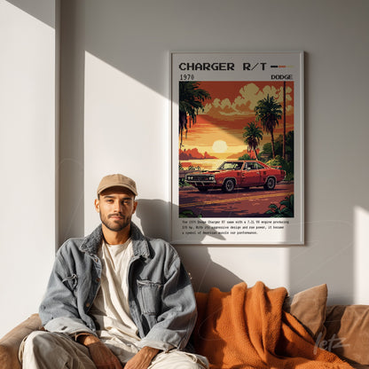 quadro com arte retrô do carro Dodge Charger R/T 1970 em moldura branca, exibido sobre sofá com tecido claro