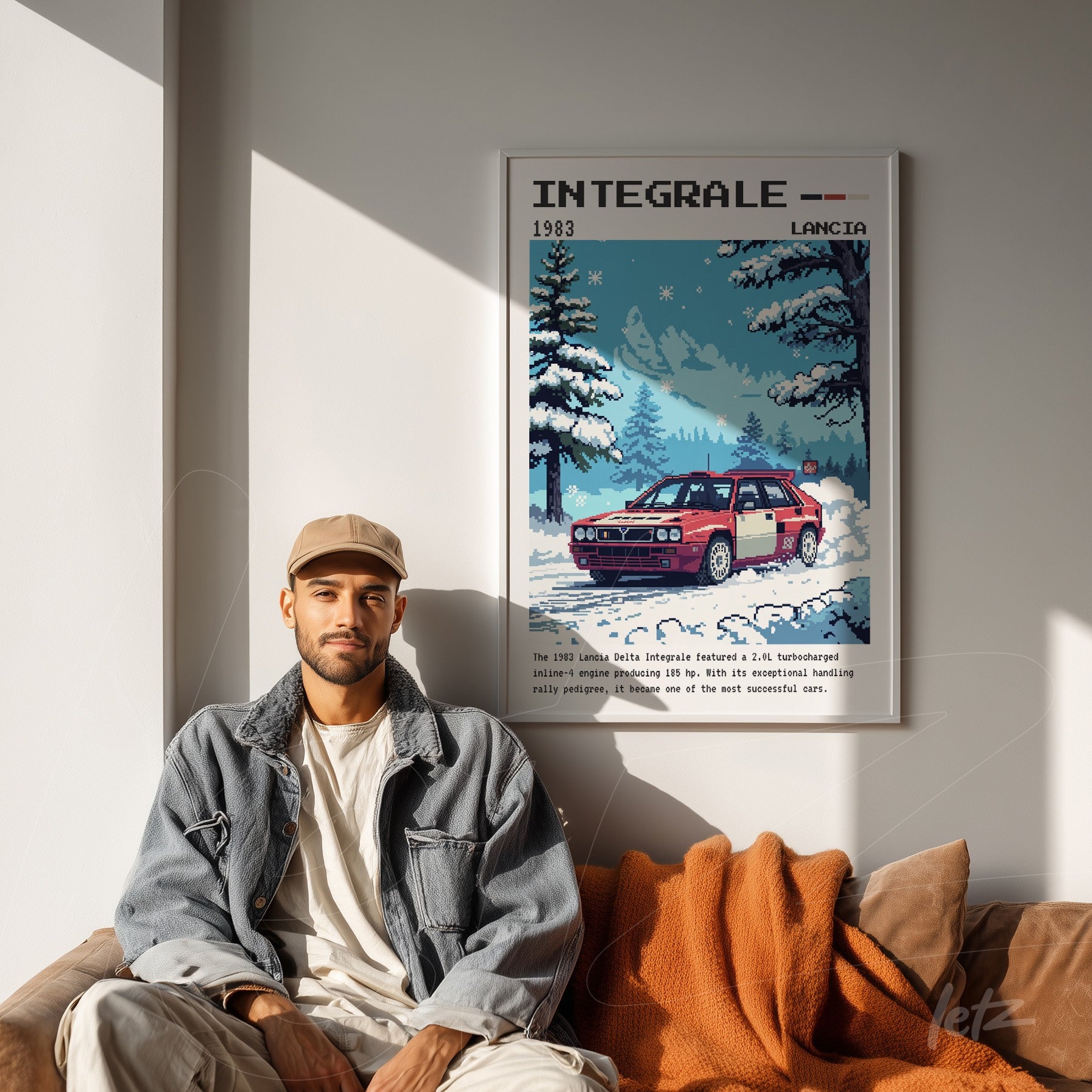 quadro com arte digital retrô do carro Lancia Integrale em moldura branca, com fundo de montanhas e árvores nevadas