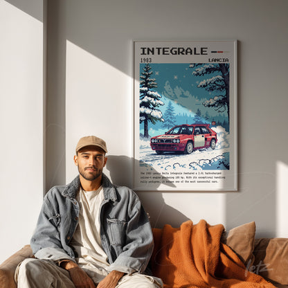 quadro com arte digital retrô do carro Lancia Integrale em moldura branca, com fundo de montanhas e árvores nevadas