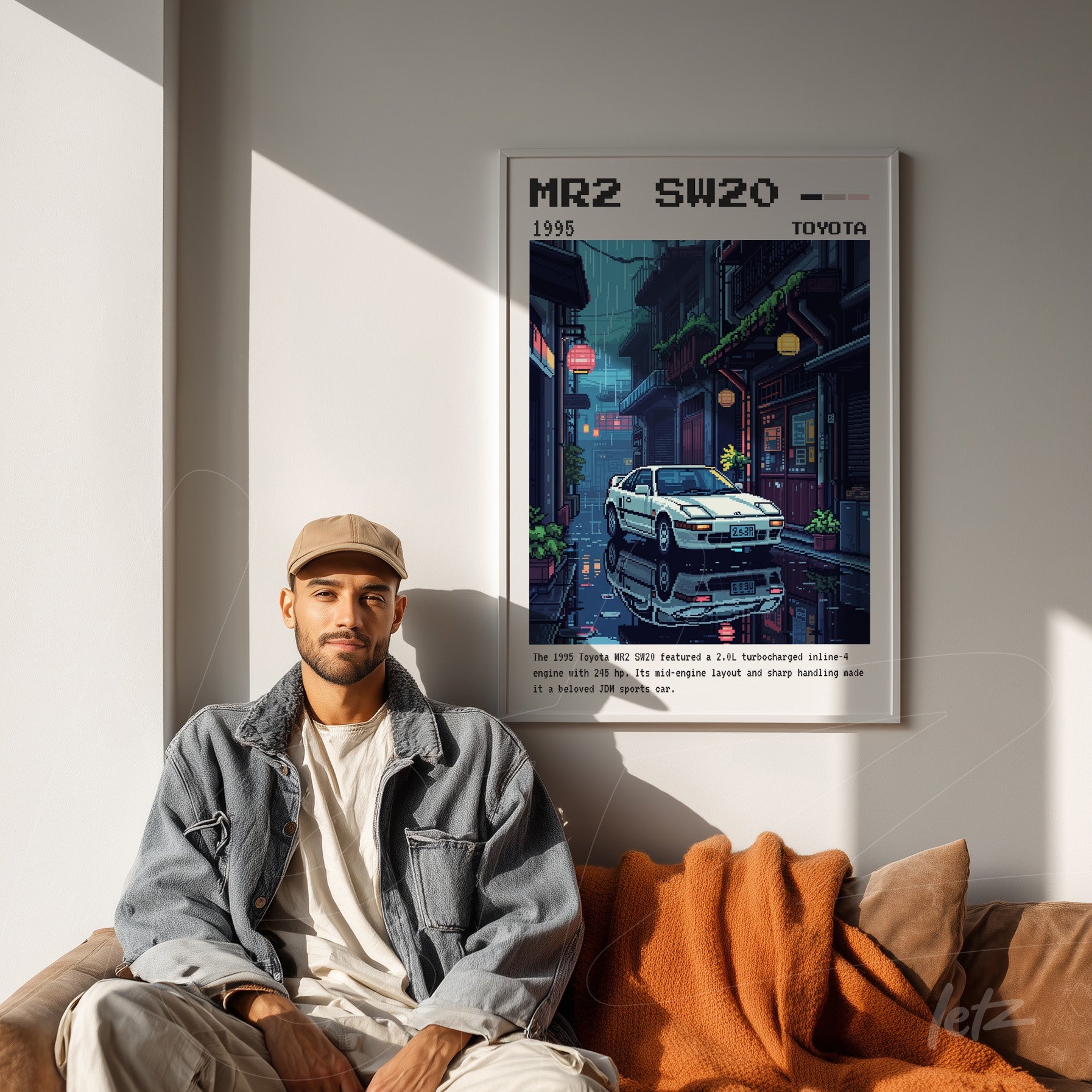 quadro com arte retrô de um carro Toyota MR2 SW20 em um ambiente urbano à noite, moldura branca