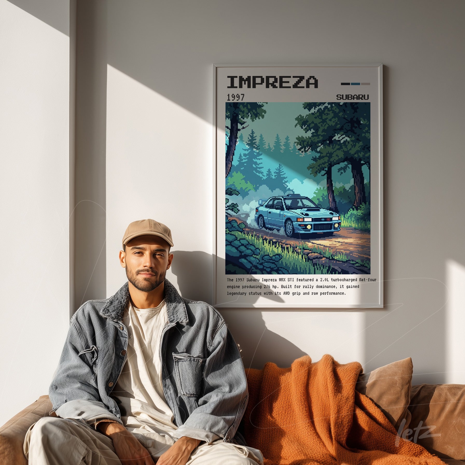 quadro emoldurado com arte pixelada de um carro Subaru Impreza de 1997 em fundo de floresta