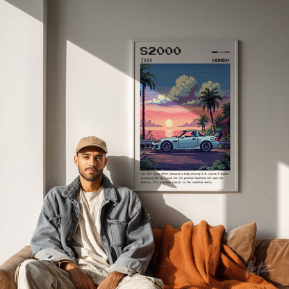 quadro emoldurado com arte digital de carro esportivo em estilo pixel art, cenário tropical e moldura branca