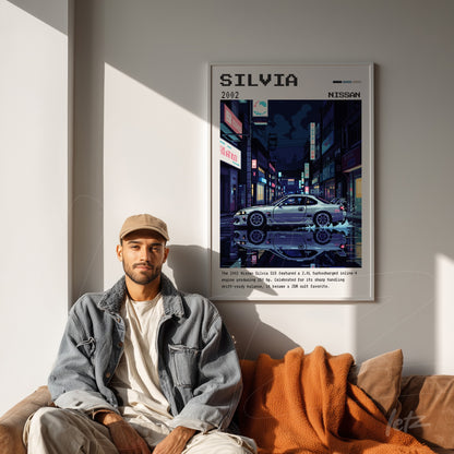 quadro emoldurado de arte digital retratando um Nissan Silvia em uma rua urbana noturna, com iluminação de neon e detalhes da cidade ao fundo