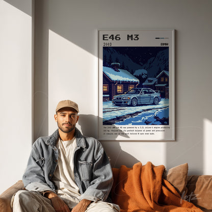 quadro com arte digital de carro BMW E46 M3 em cena noturna com casas de madeira iluminadas