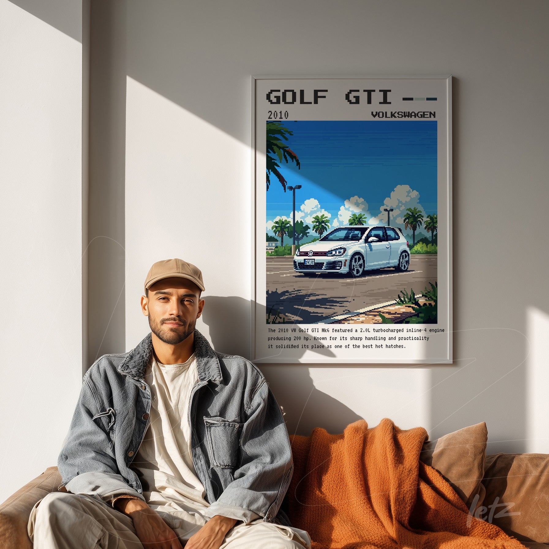 quadro emoldurado com arte digital retrô do carro Volkswagen Golf GTI em meio a palmeiras