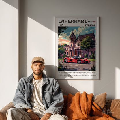 quadro com arte estilo pixel art do carro Ferrari LaFerrari em moldura branca sobre parede clara