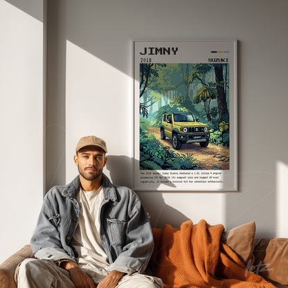 quadro com arte pixelada do carro Suzuki Jimny em uma floresta tropical, moldura branca