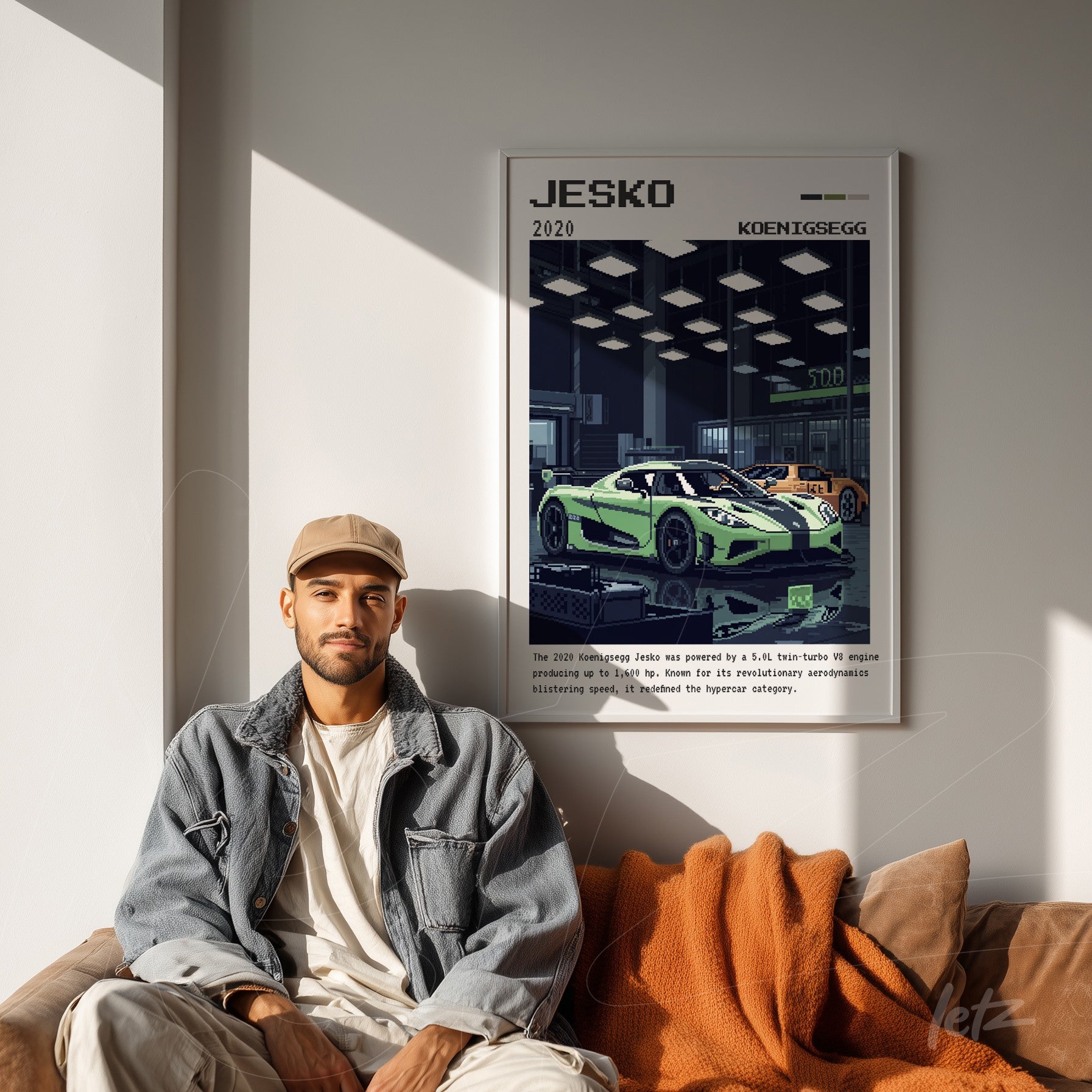 quadro emoldurado com arte digital do carro Koenigsegg Jesko em ambiente moderno, com moldura branca e fundo claro