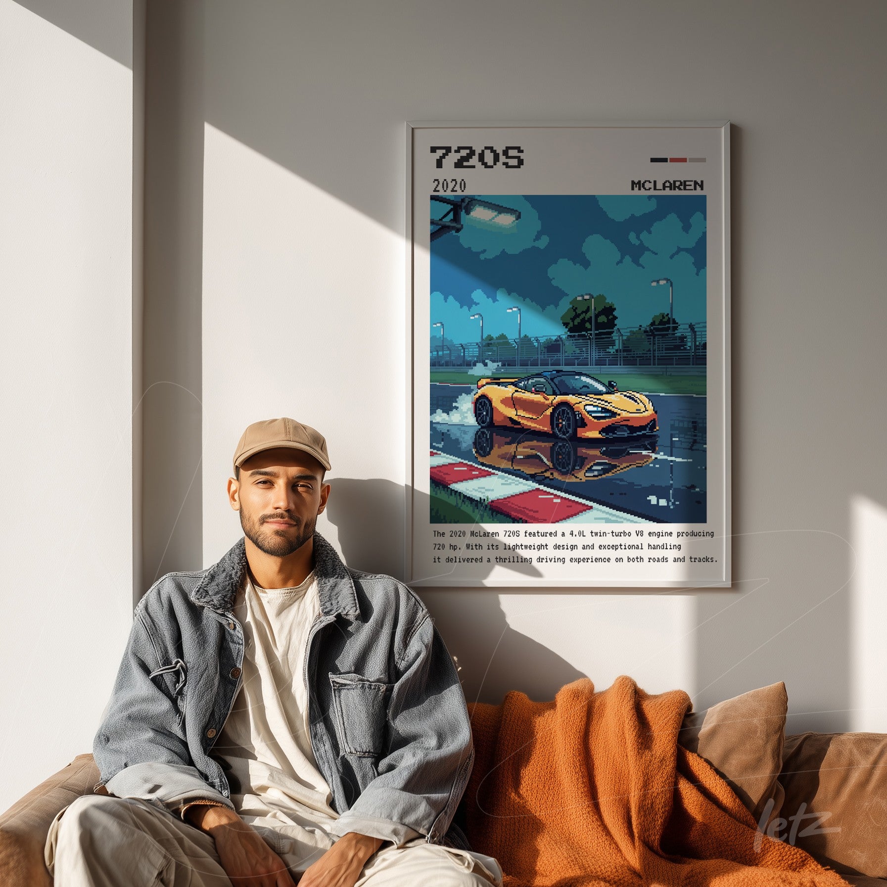 quadro de arte digital com ilustração de carro McLaren 720S em uma pista de corrida, moldura branca e fundo azul com nuvens