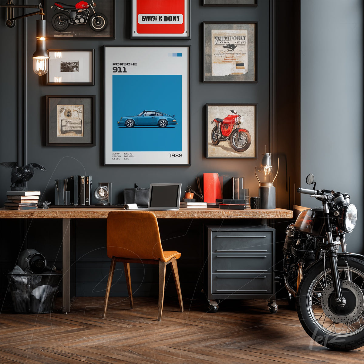 quadro com arte do Porsche 911 de 1988 em moldura branca em parede decorada com várias peças de memorabilia vintage