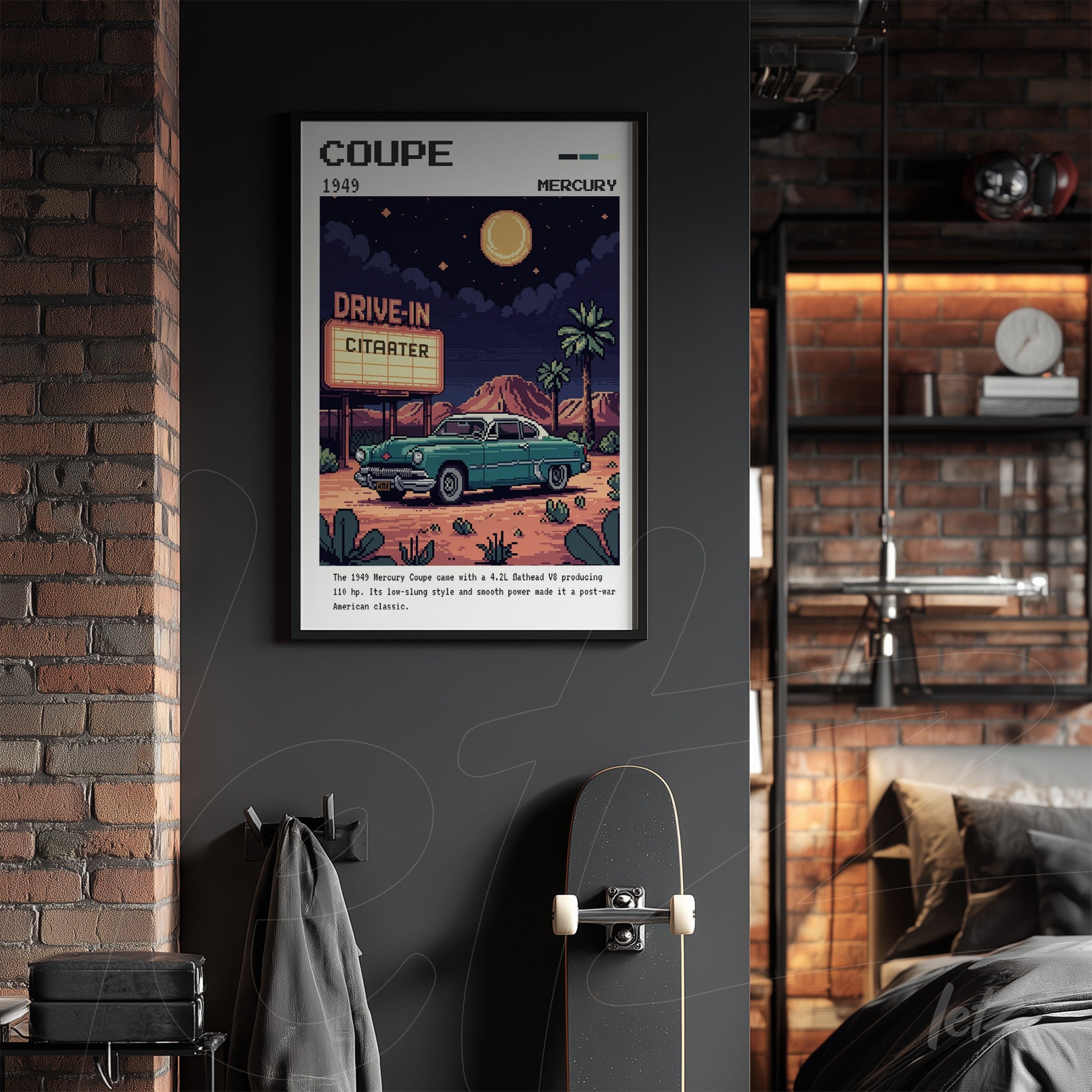 quadro com arte retrô de um carro Mercury Coupe 1949 em um cenário de drive-in iluminado pela lua com moldura preta
