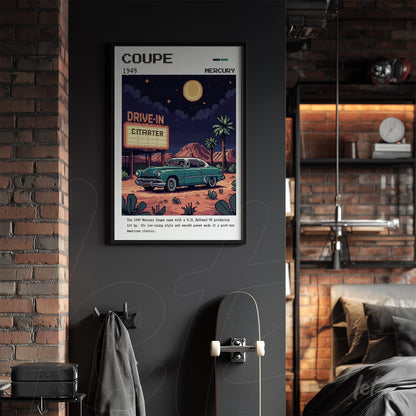 quadro com arte retrô de um carro Mercury Coupe 1949 em um cenário de drive-in iluminado pela lua com moldura preta