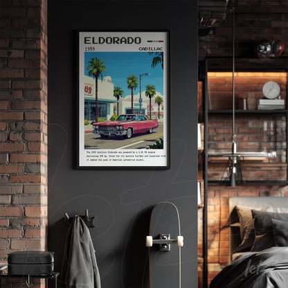 quadro com arte retrô do Cadillac Eldorado de 1959 em moldura preta, com palmeiras e um edifício ao fundo