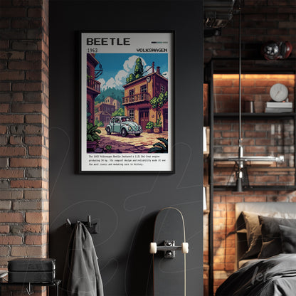 quadro com arte vintage do carro Volkswagen Beetle em moldura preta, sobre parede escura em ambiente moderno
