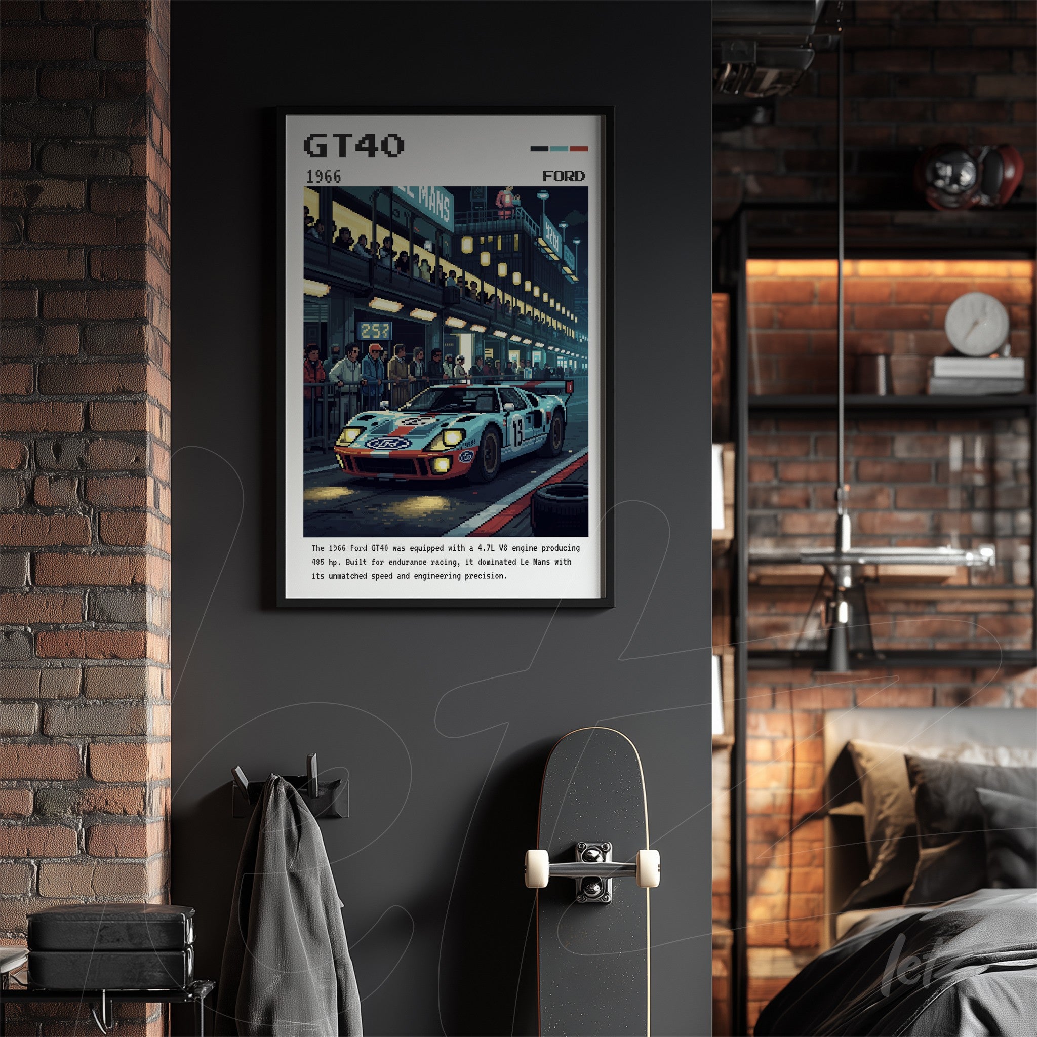 quadro com arte retrô de carro Ford GT40 em moldura preta, sobre parede de tijolos expostos