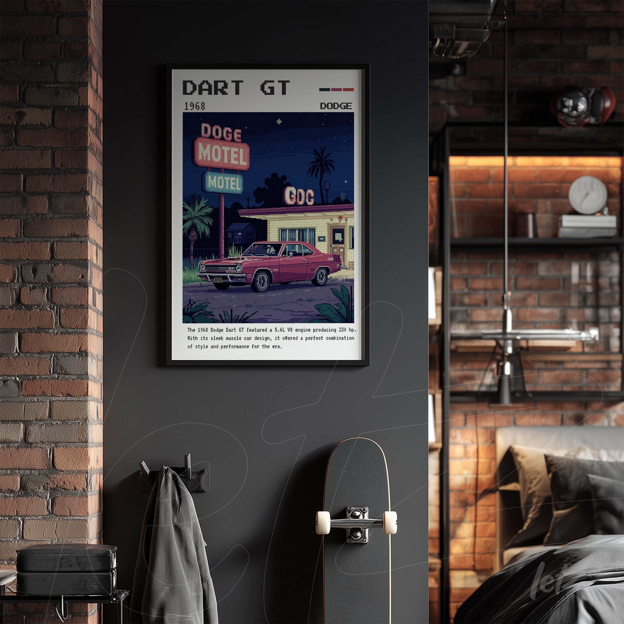 quadro com arte retro do carro Dart GT 1968 em moldura preta sobre parede de tijolos expostos