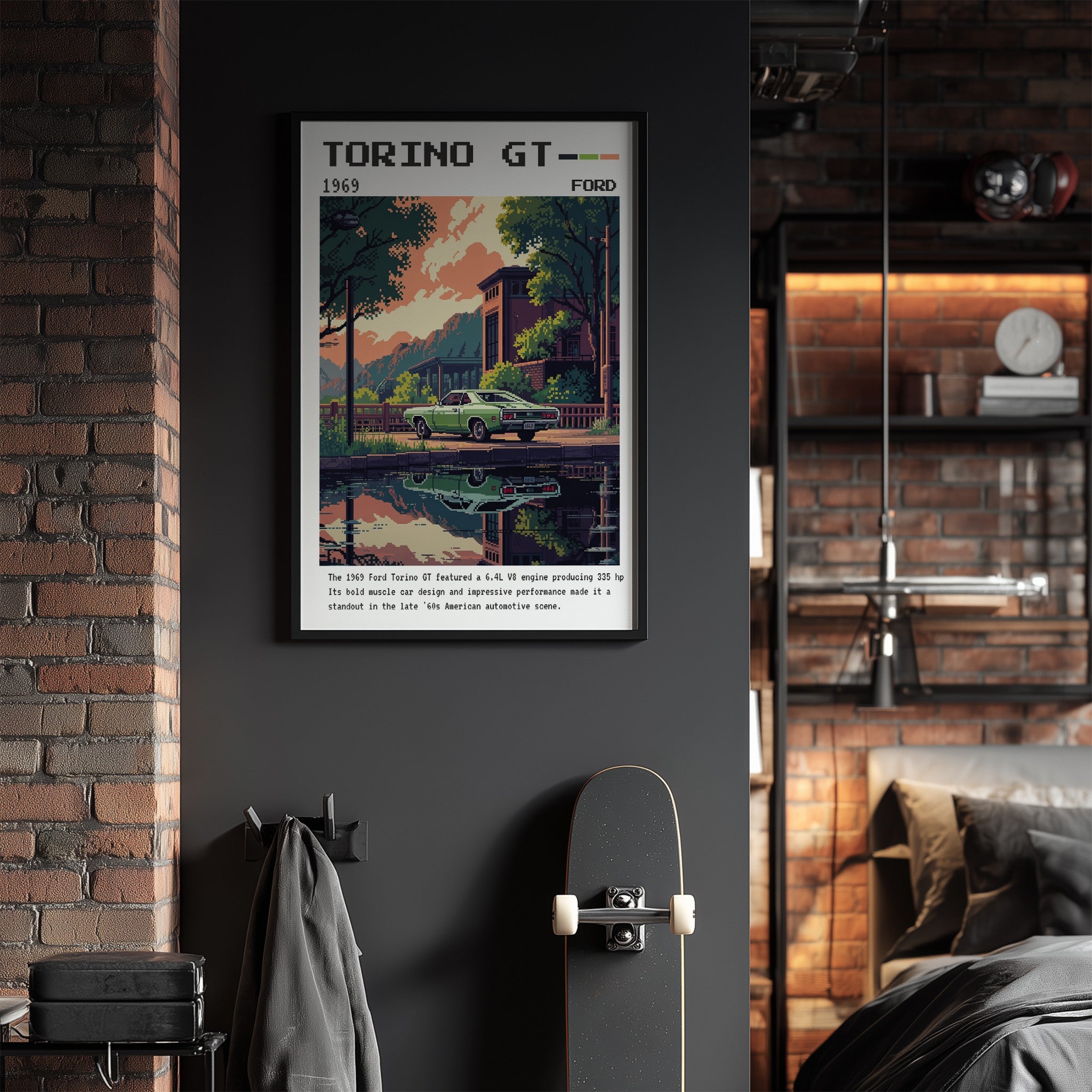quadro em moldura preta com ilustração vintage de um Ford Torino GT 1969 em uma pista ao lado de um lago