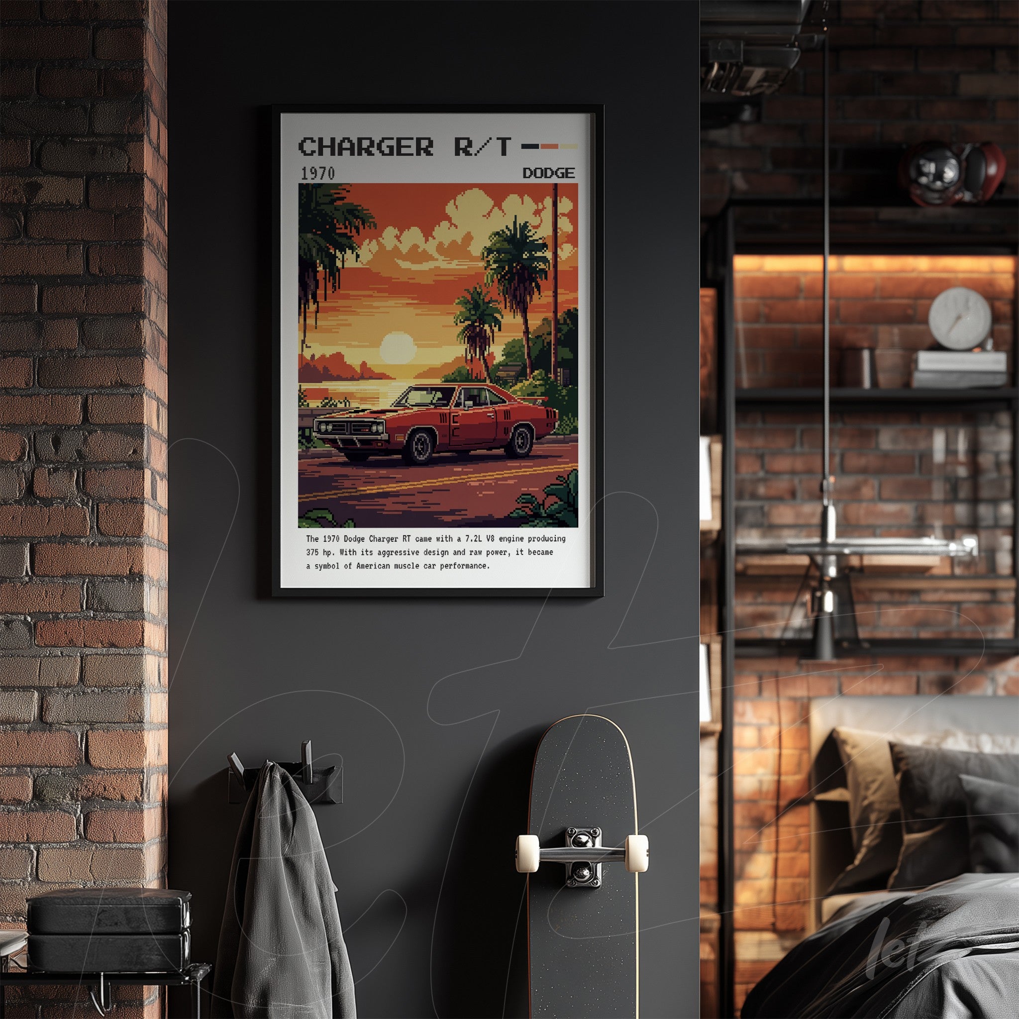 quadro retrô da arte digital do Dodge Charger R/T 1970 em moldura preta, com fundo de pôr do sol e palmeiras