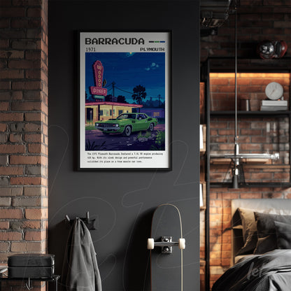 quadro decorativo com ilustração vintage de um Plymouth Barracuda 1971 em frente a um diner iluminado à noite, moldura preta sobre parede cinza