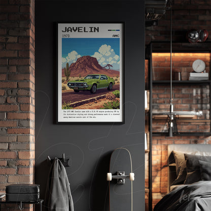 quadro com arte retrô de carro Javelin verde em moldura preta sobre parede cinza