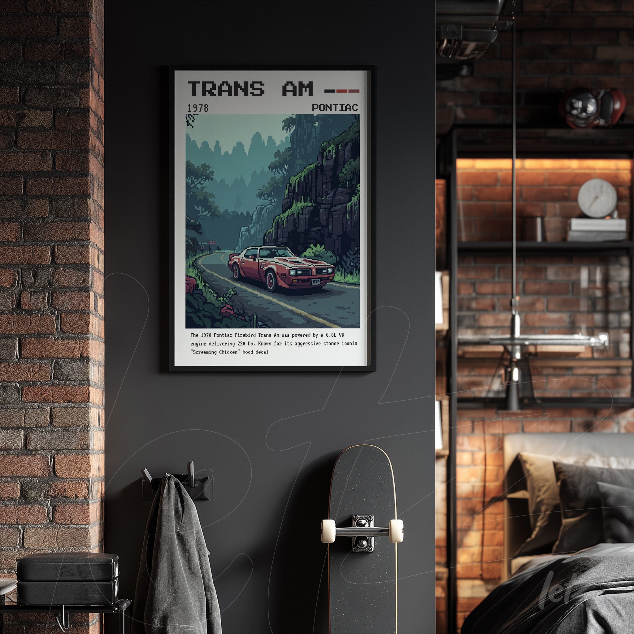 quadro com ilustração de carro esportivo Pontiac Trans Am em moldura preta, com fundo de montanhas e vegetação exuberante