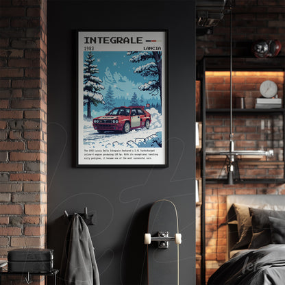 quadro com arte retrô de carro Lancia Delta Integrale em moldura preta, com fundo de montanhas nevadas e árvores ao lado