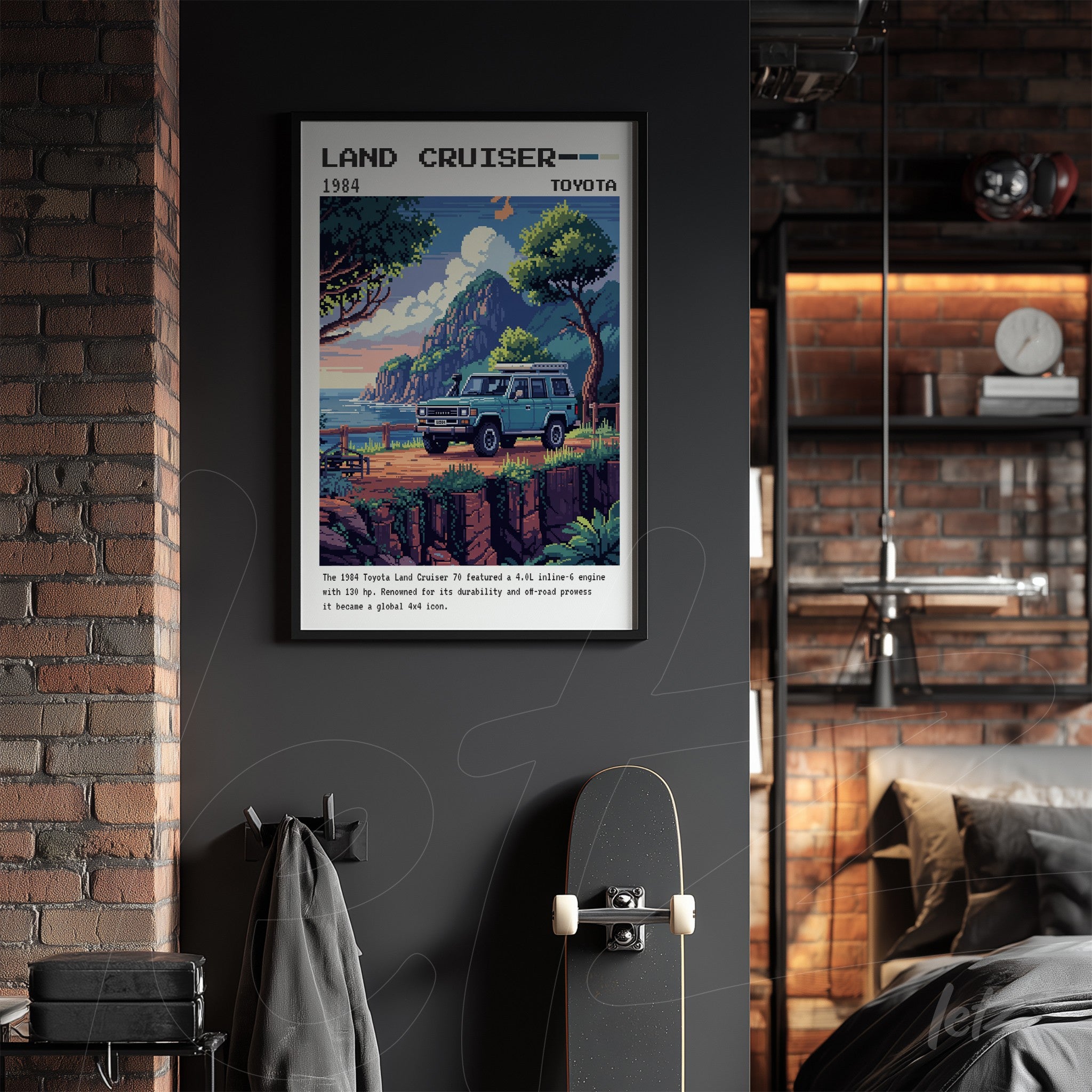 quadro emoldurado com ilustração retrô de um Toyota Land Cruiser em uma paisagem montanhosa, exibição sobre parede escura com luzes industriais