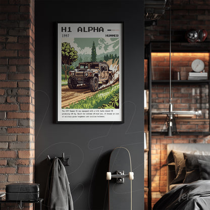 quadro com arte emoldurada do veículo Hummer H1 Alpha em ambiente de parede escura com detalhes em tijolos expostos