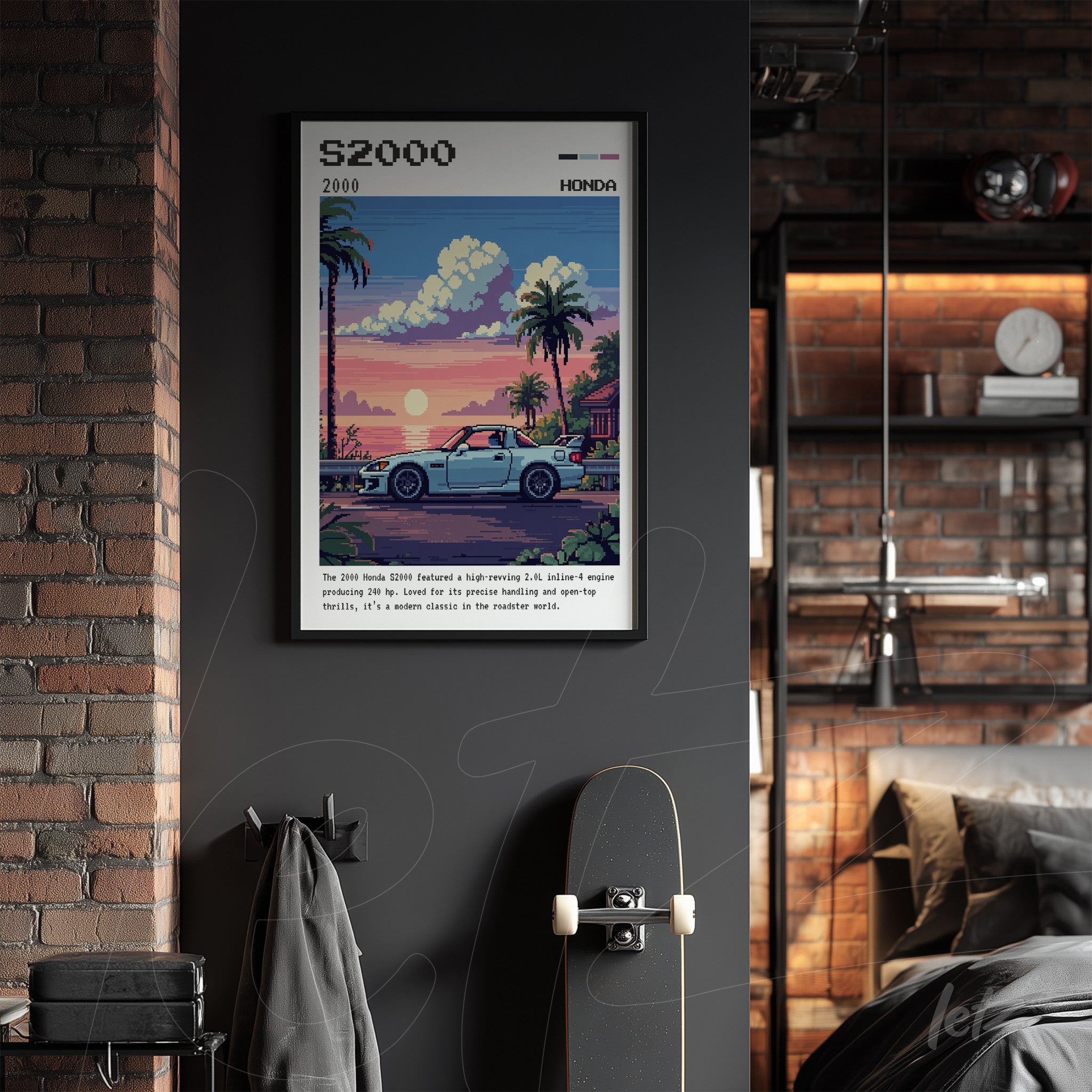 quadro com arte digital do carro Honda S2000 em estilo pixelado, com fundo de pôr do sol tropical e palmeiras, moldura preta