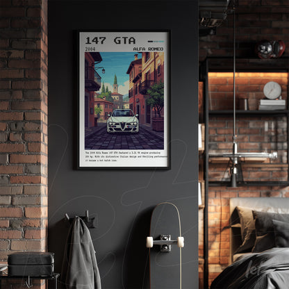 quadro com arte digital do carro Alfa Romeo 147 GTA em paisagem urbana, em moldura preta