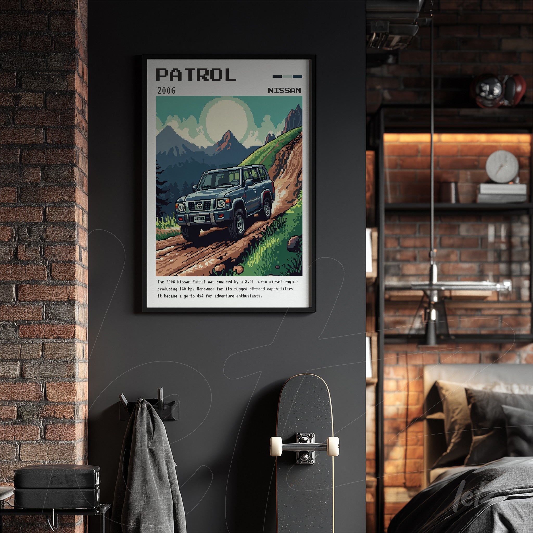 quadro com arte retrô do Nissan Patrol 2006 em moldura preta e fundo escuro
